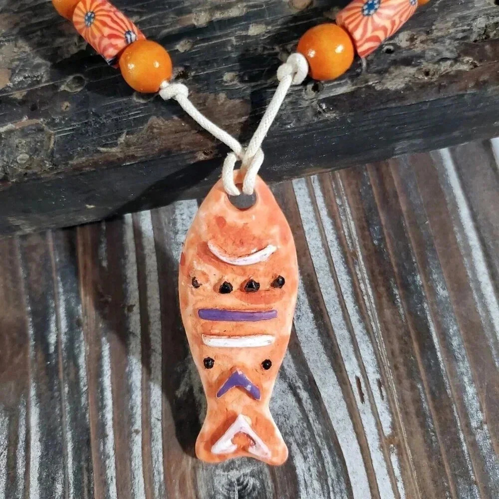 Artisan Tribal Fish Unglazed Clay Orange White Multicolor OOAK Pendant Necklace